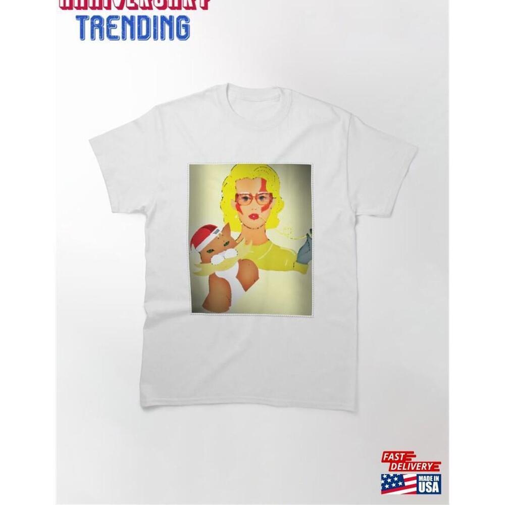 Blonde Beauty Eating Spaghetti with Christmas Cat Graphic T-Shirt